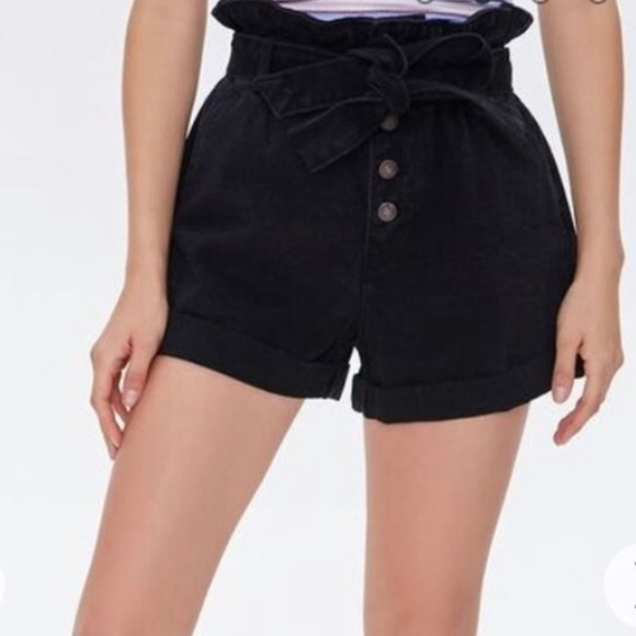 NWT forever 21 black jean paperbag belted shorts - Picture 6 of 10